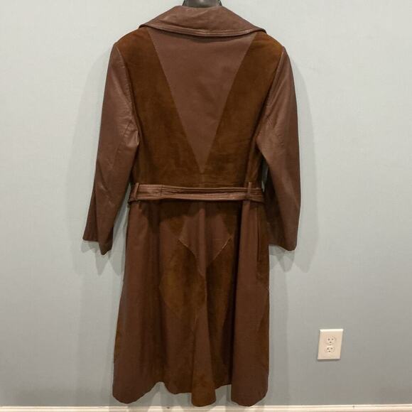 Vintage Womens Long Leather Suede Patchwork Trench Coat Size 16 Western Cowboy - Picture 5 of 13